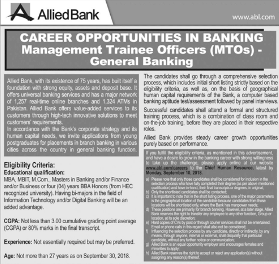 Allied Bank Management Trainee Officers Jobs