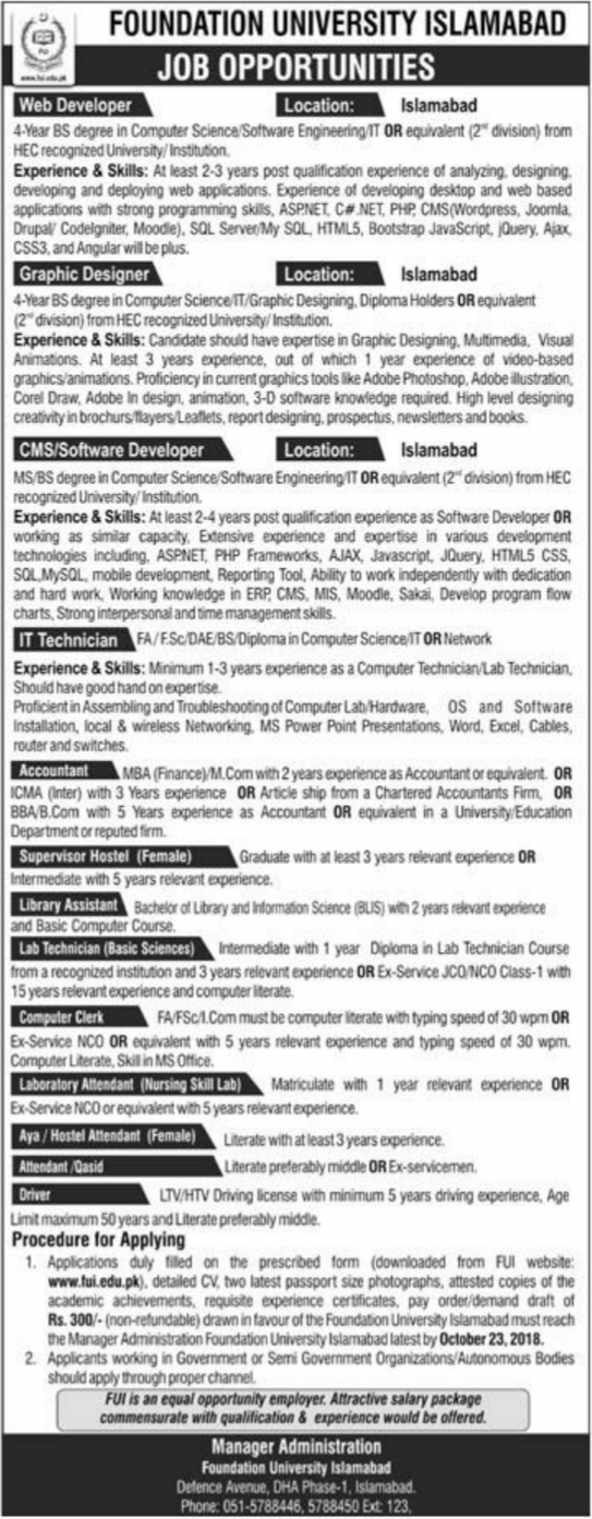 Foundation University Islamabad Employment Opportunities
