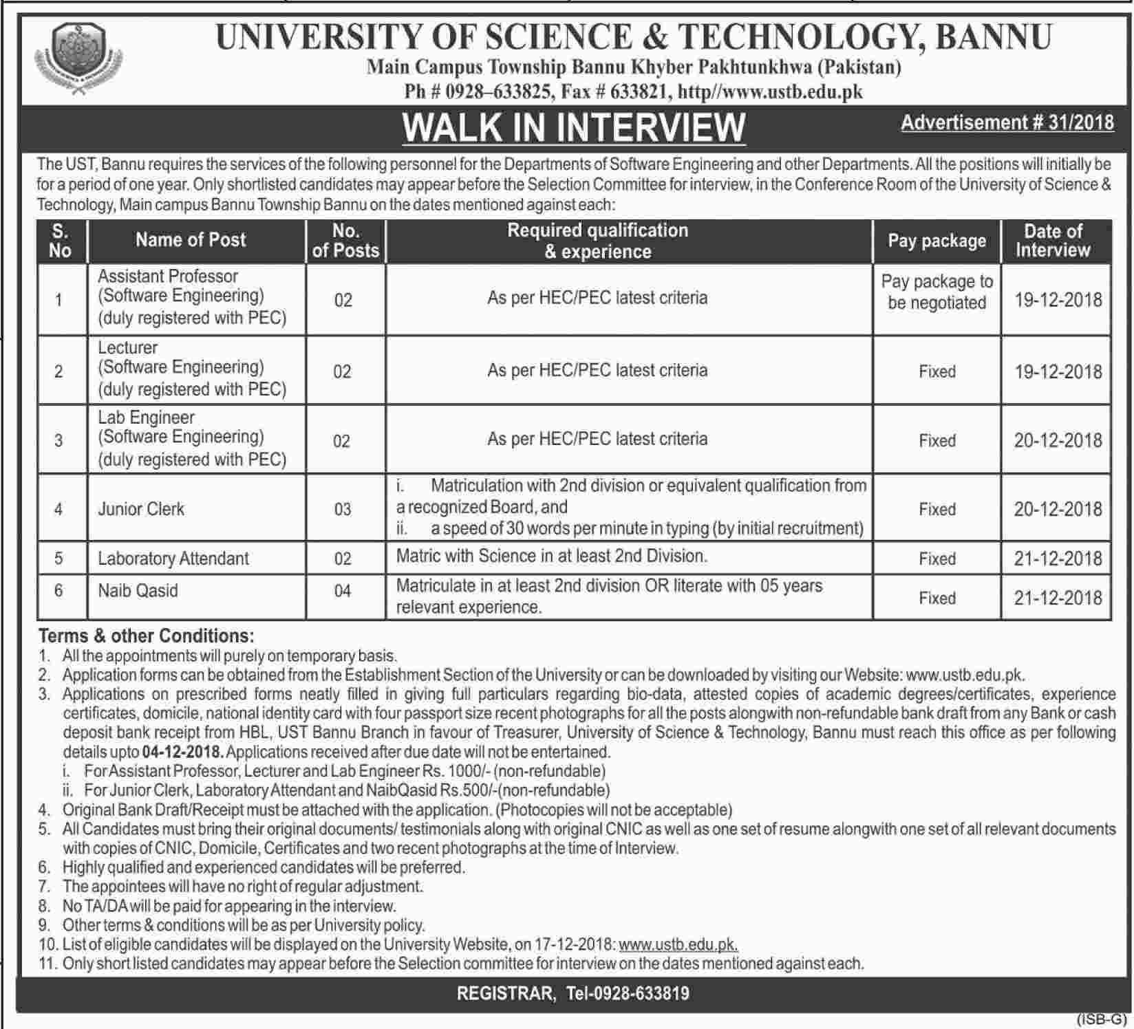 University Of Science And Technology Bannu Jobs