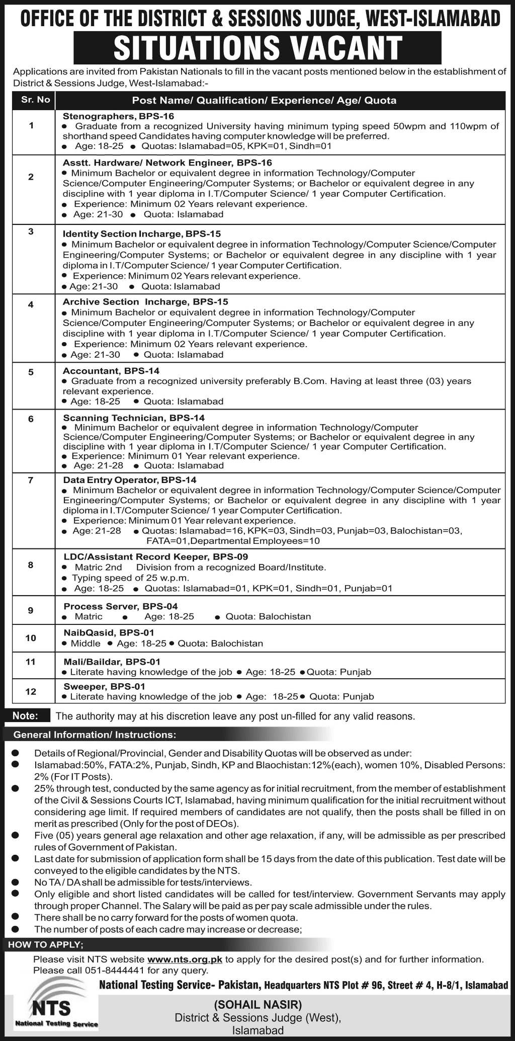 District And Session Court Islamabad Jobs 2019 Nts Test