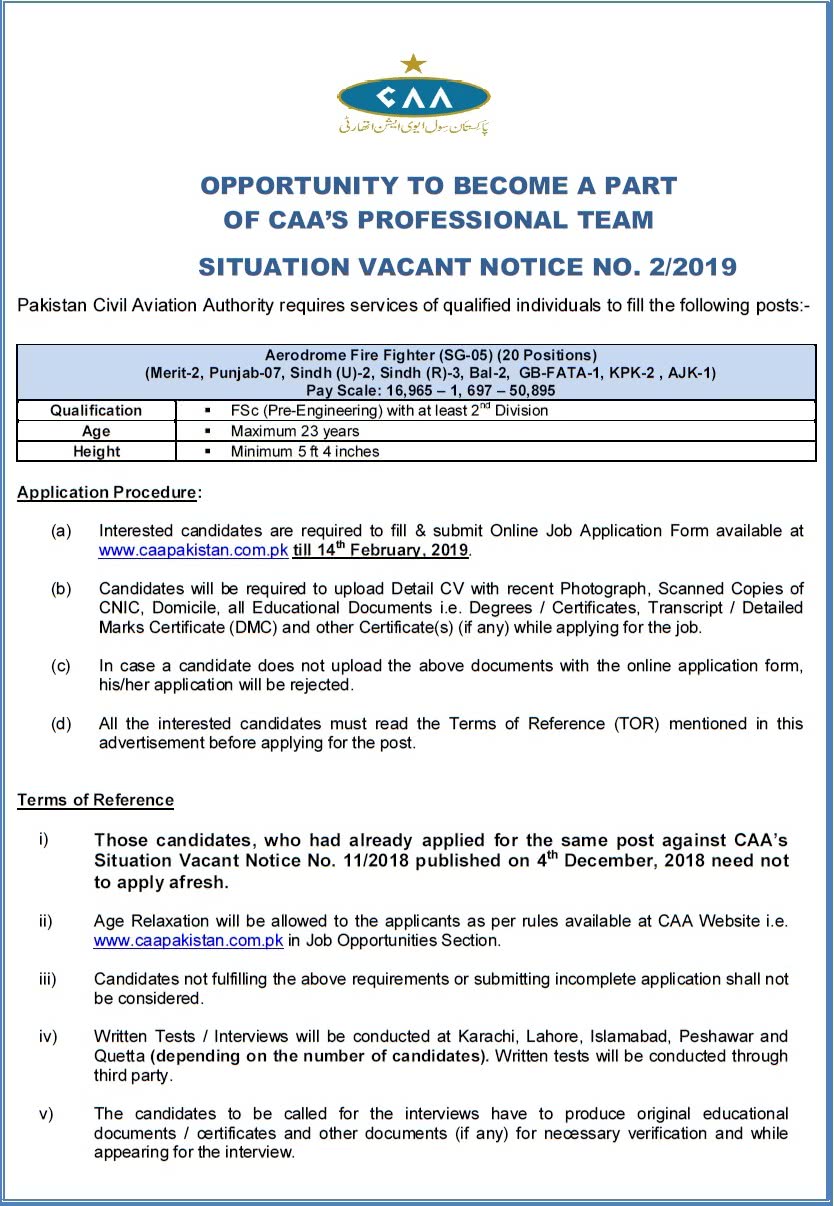 Pakistan Civil Aviation Authority Caa Latest Jobs 2019 Apply Online Situation Vacant Notice No 2 2019 A