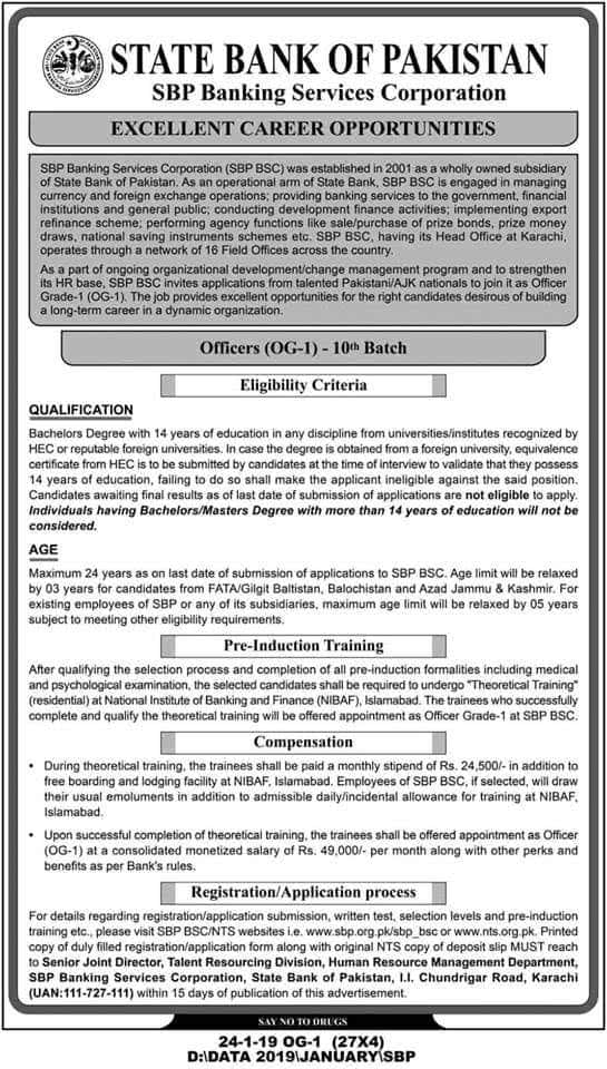State Bank Of Pakistan Sbp Nts Jobs 2019 Officers Og 1 Batch 10 Apply Online