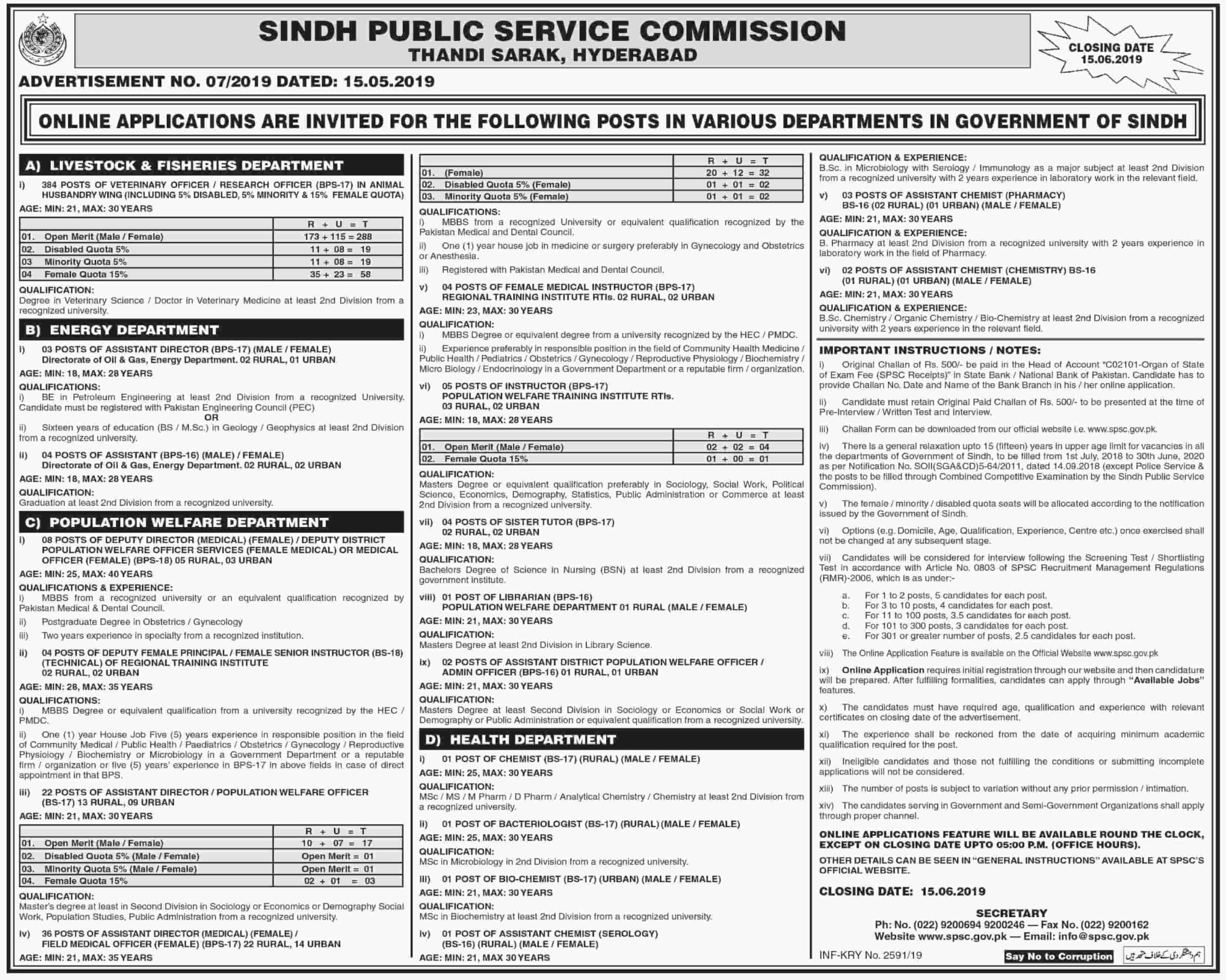 Sindh Public Service Commission Spsc Latest Jobs Advertisement No 7 2019 Apply Online