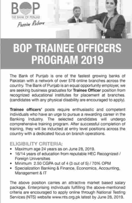 Bank Of Punjab Jobs Bop Trainee Officers Program 2019 Nts