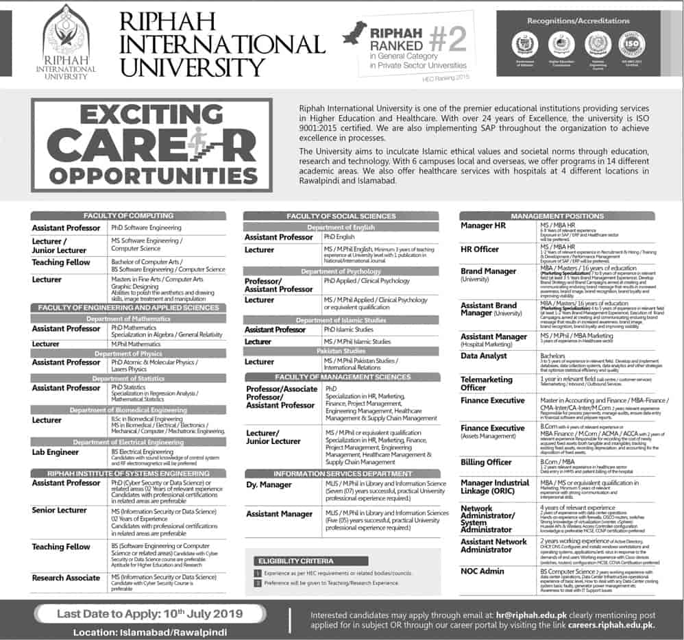 Riphah International University Jobs 2019 Apply Online