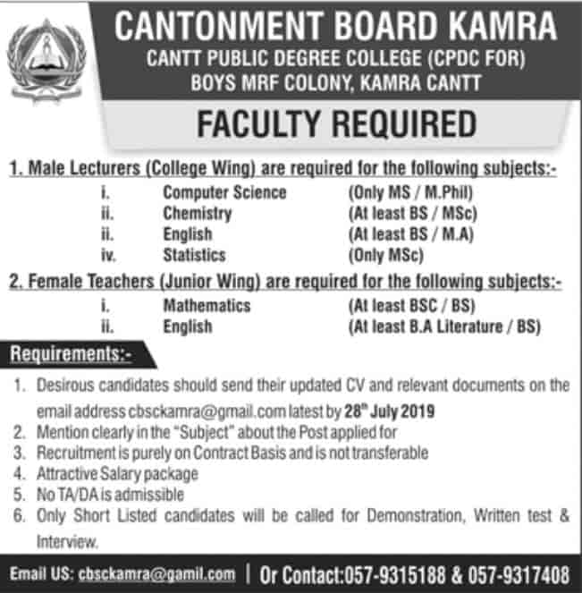 Cantonment Board Kamra Teaching Jobs 2019 Apply Online Cantt Public Degree College