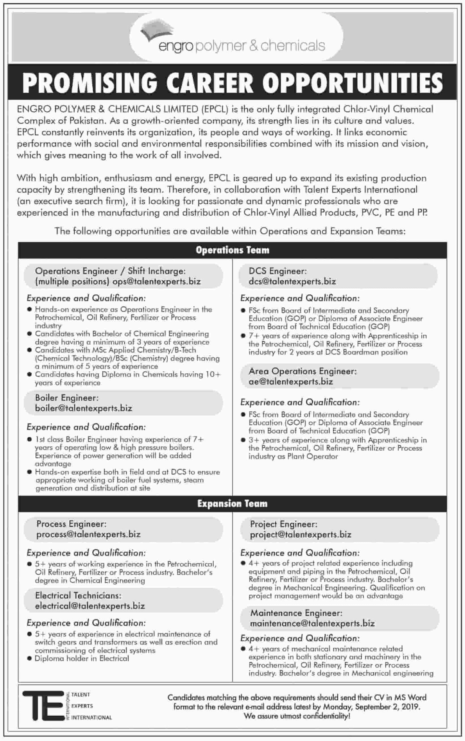 Engro Polymer And Chemicals Limited Epcl Latest Jobs 2019 Advertisement Apply Online