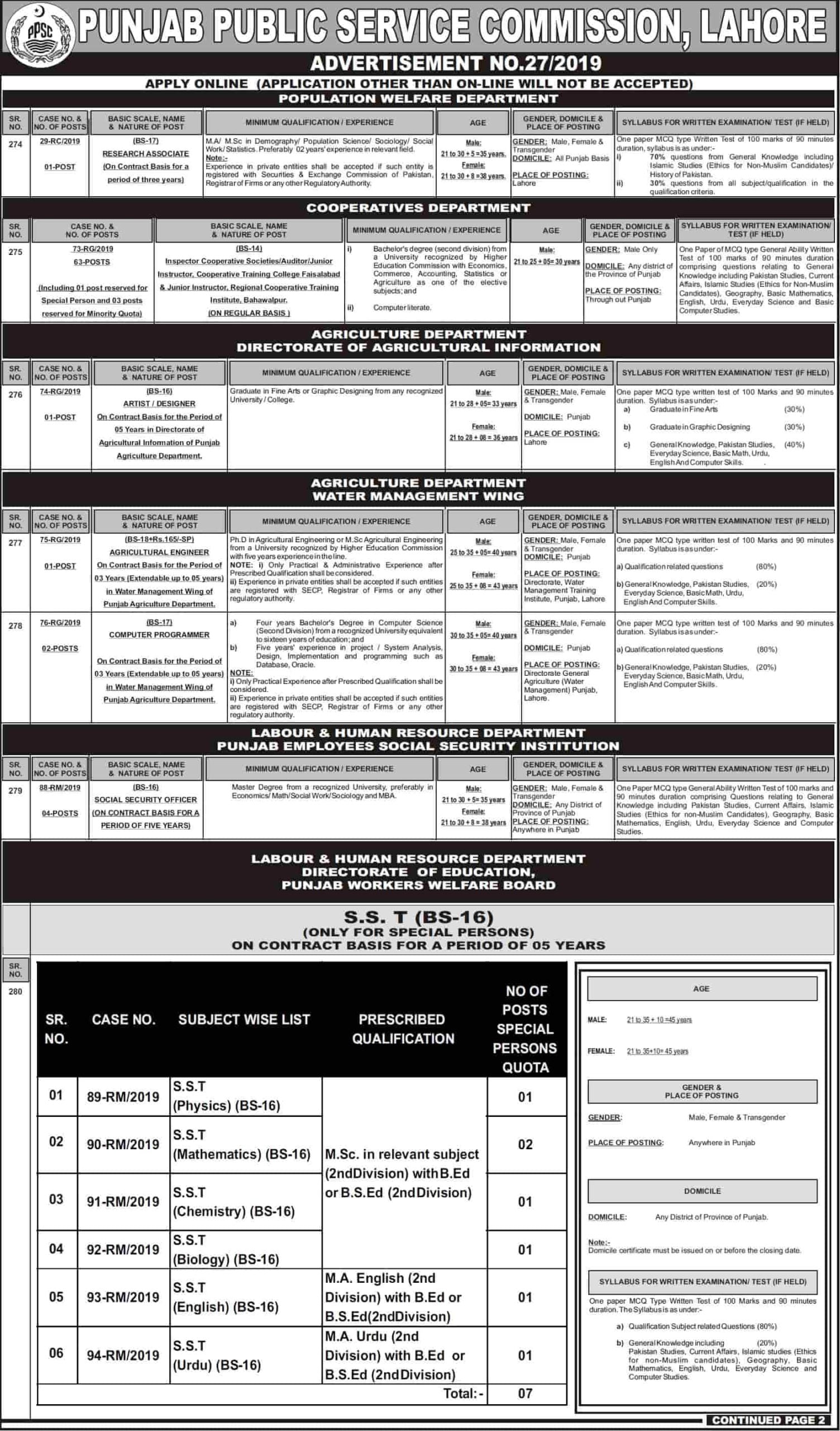 Punjab Public Service Commission Ppsc New Jobs Today Advertisement No 27 2019 Apply Online A