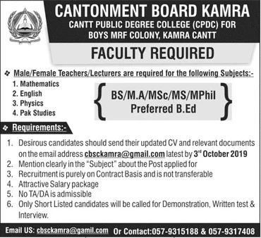Cantonment Board Kamra Cantt Teaching Jobs 2019 Apply Online
