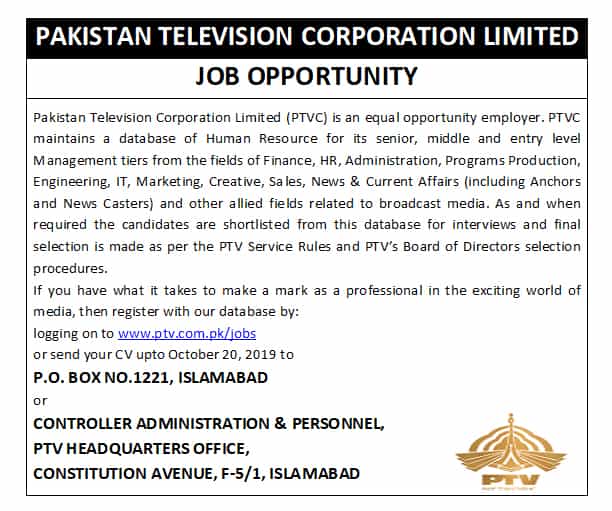 Po Box No 1221 Islamabad Pakistan Television Ptv Jobs Advertisement September 2019 Www.ptv.com.pk Apply Online