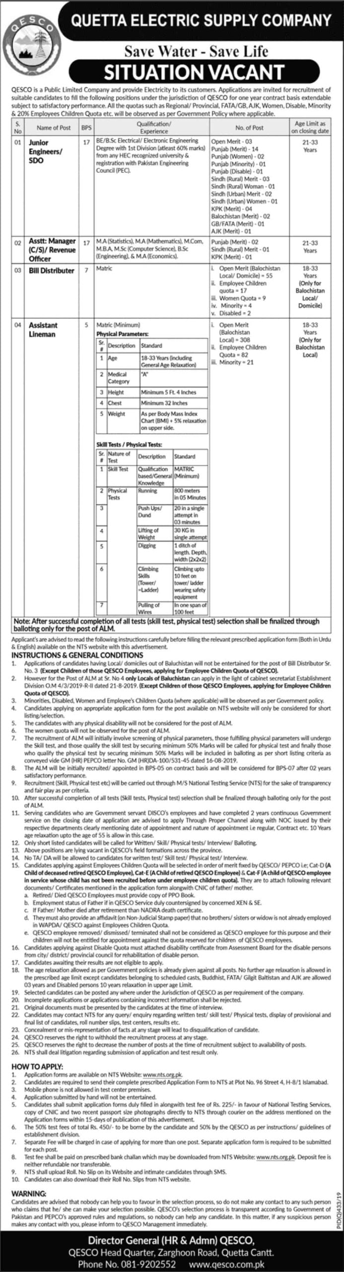 Quetta Electric Supply Company Qesco Wapda Jobs October 2019 Nts