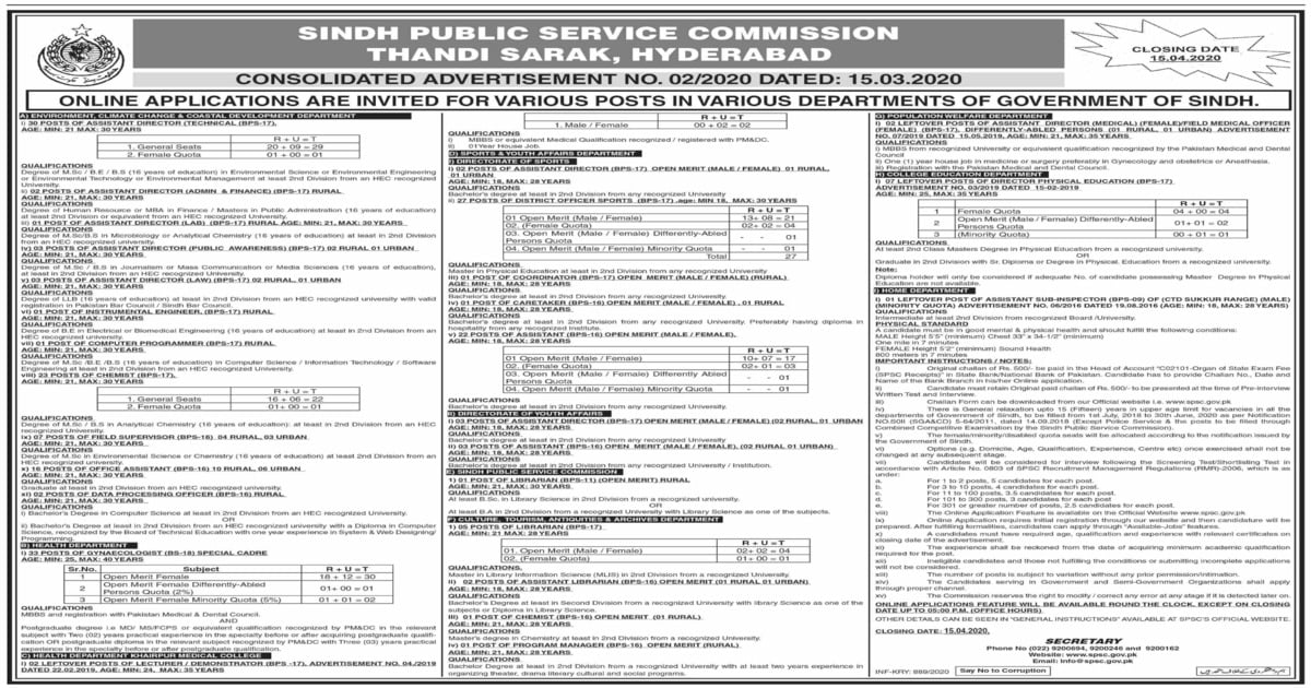 Featured Image Sindh Public Service Commission Spsc Jobs Advertisement No 2 2020 Apply Online Latest