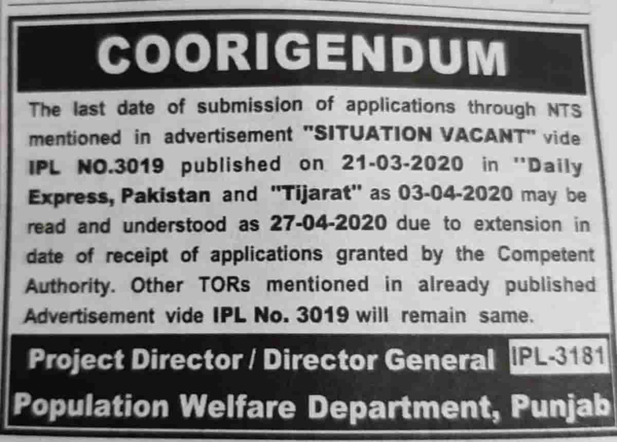 Corrigendum Population Welfare Department Punjab Jobs April 2020 Spu Nts Latest