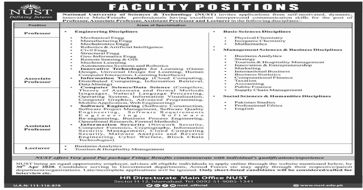 Featured Image Nust University Islamabad Teaching Jobs April 2020 Hr.nust.edu.pk Apply Online