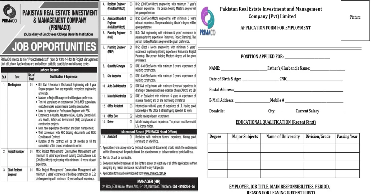 Featured Image Pakistan Real Estate Company Primaco Jobs 2020 Application Form