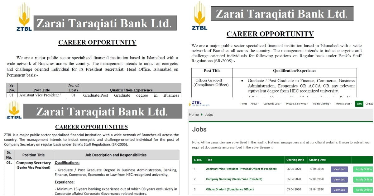 Featured Image Zarai Taraqiati Bank Limited Ztbl Jobs April 2020 Www.ztbl.com.pk Apply Online