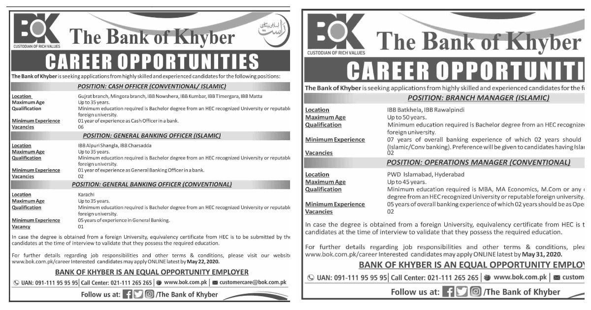 Featured Image Bank Of Khyber Bok Jobs 2020 Www.bok.com.pk Apply Online