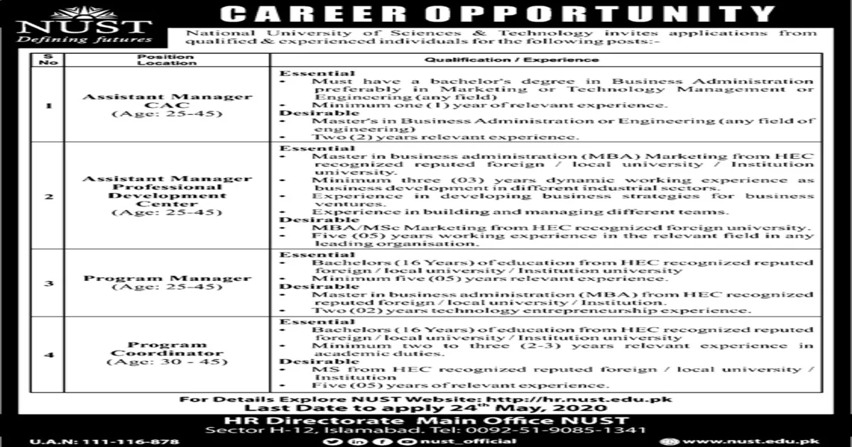 Featured Image Nust University Islamabad Jobs May 2020 Hr.nust.edu.pk Apply Online