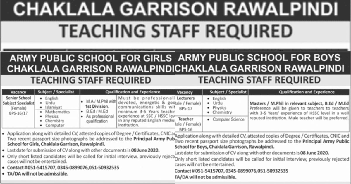 Featured Image Army Public School Chaklala Garrison Rawalpindi Teaching Jobs June 2020