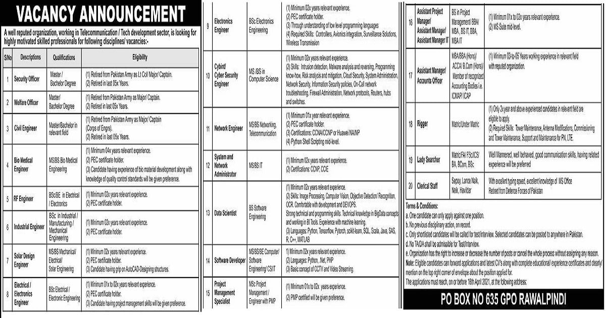 Featured Image Po Box 635 Gpo Rawalpindi Public Sector Organization Jobs 2021
