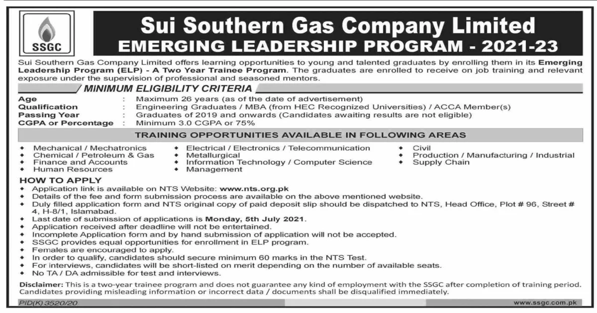 Featured Image Sui Southern Gas Company Limited Ssgc Jobs 2021 Emerging Leadership Program Nts Apply Online