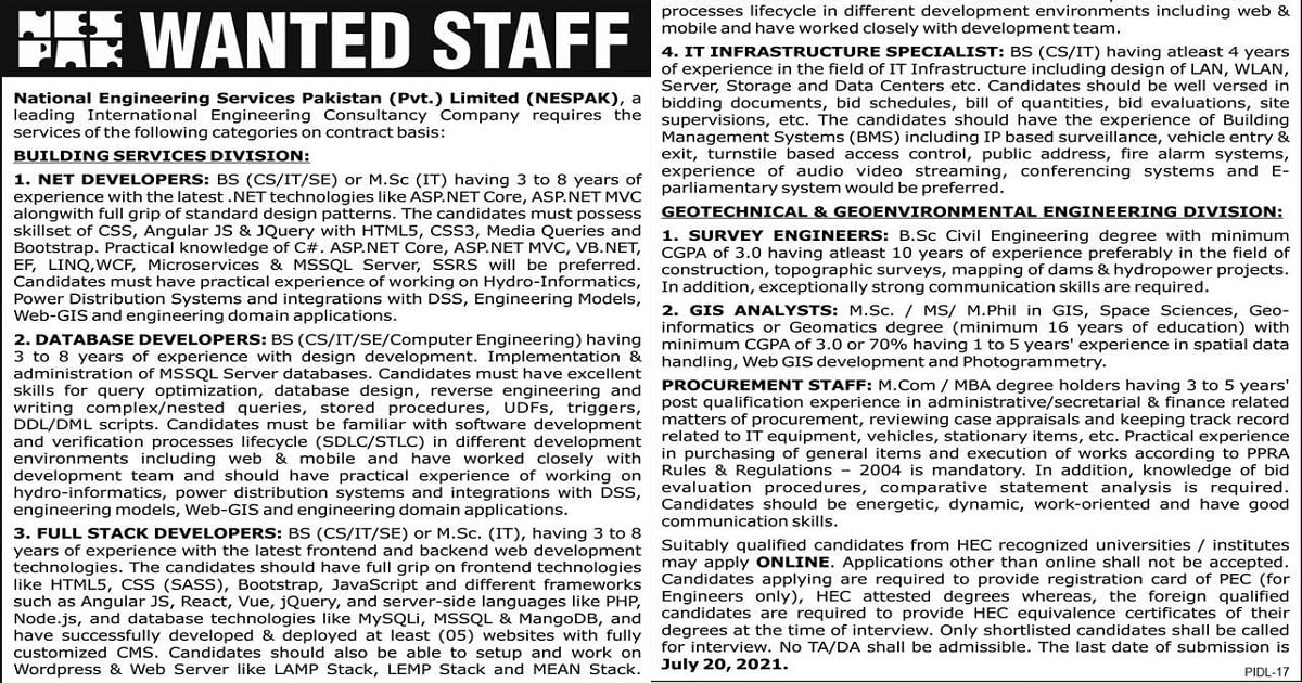 Featured Image National Engineering Services Pakistan Limited Nespak Jobs 2021 Apply Online Latest Advertisement