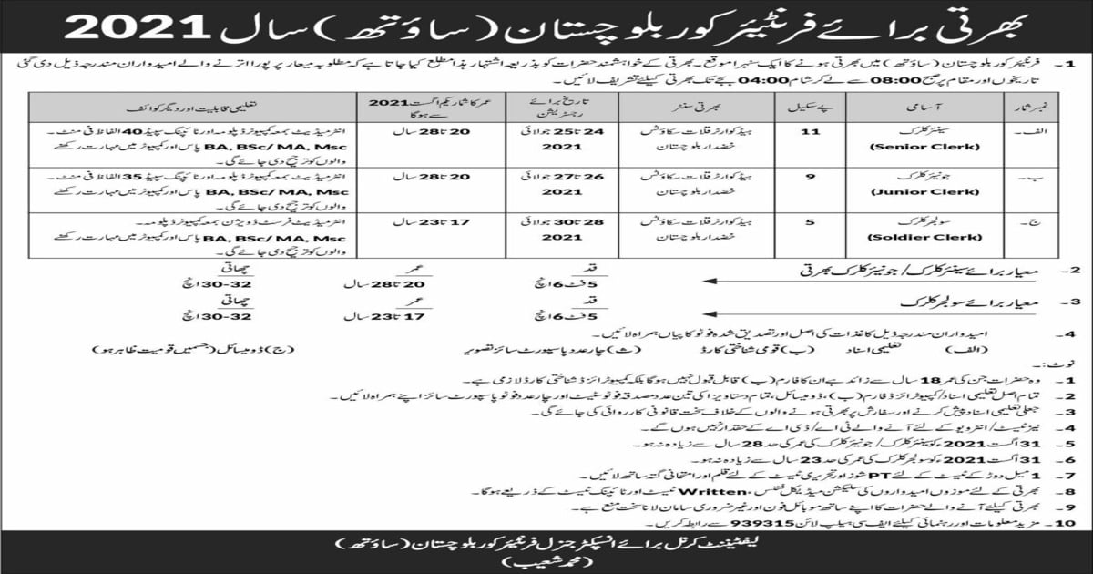 Featured Image Pakistan Army Frontier Corps Fc Balochistan Jobs July 2021 Latest