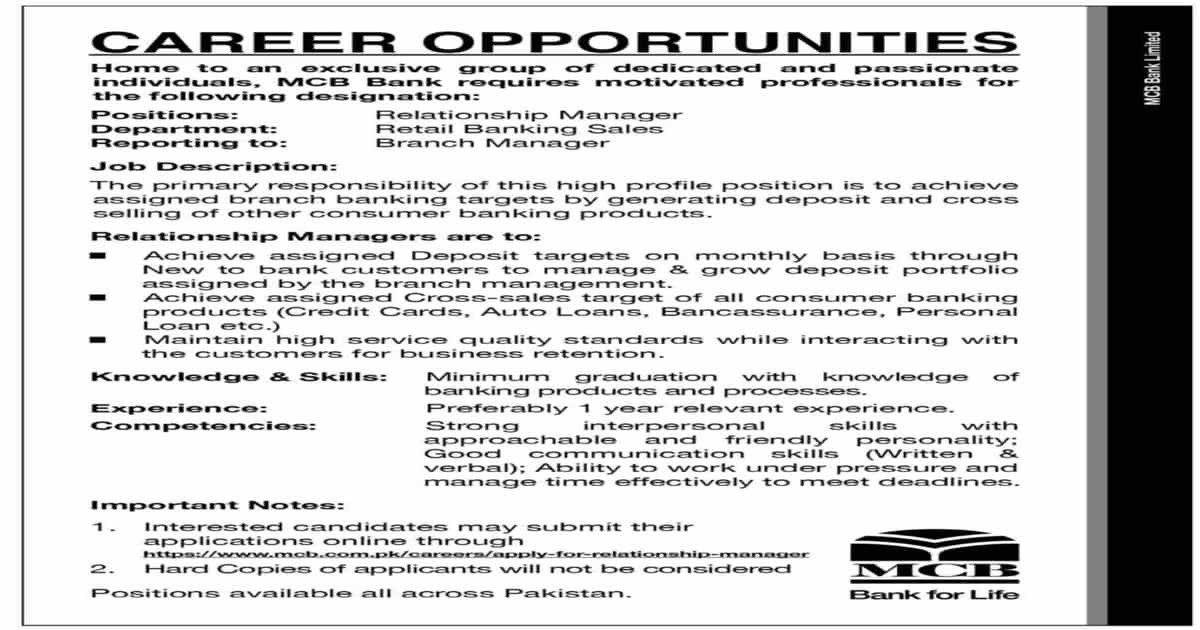 Featured Image Muslim Commercial Bank Mcb Jobs 2021 For Relationship Manager