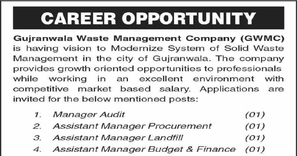 Featured Image Gujranwala Waste Management Company Gwmc Jobs 2021 Apply Online