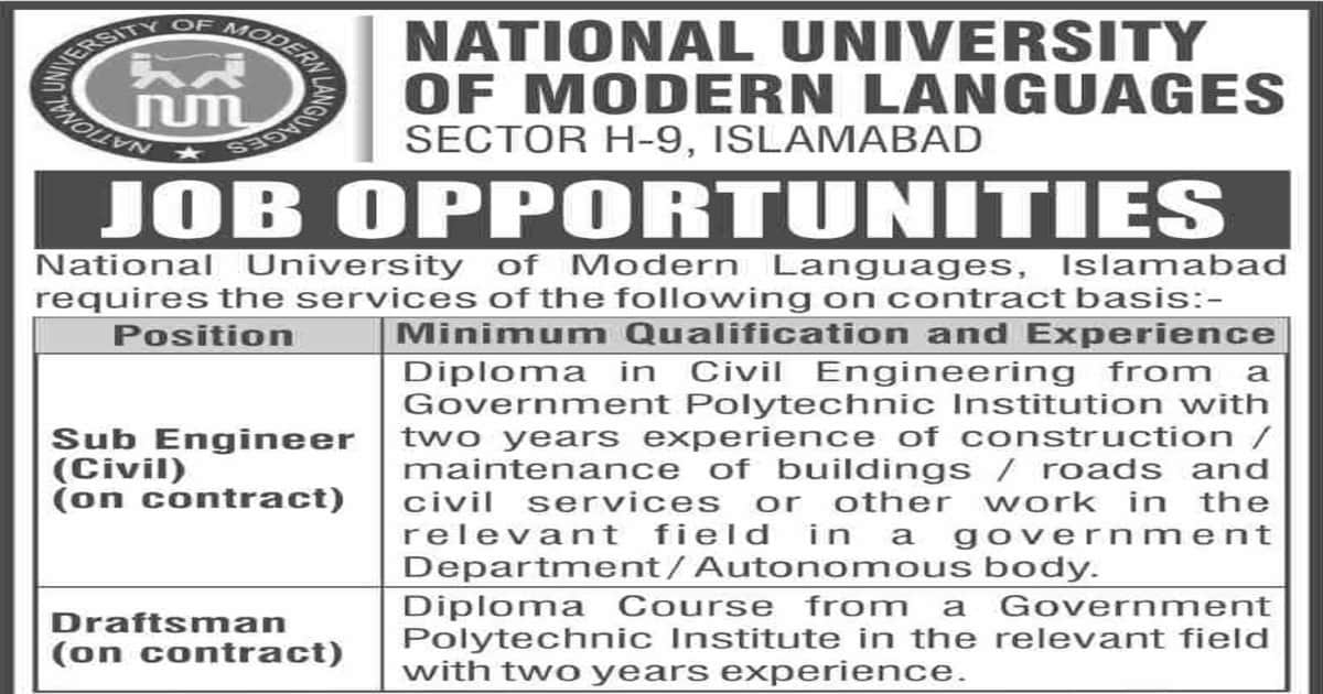 Featured Image Numl University Islamabad Jobs 2022 For Sub Engineer And Draftsman