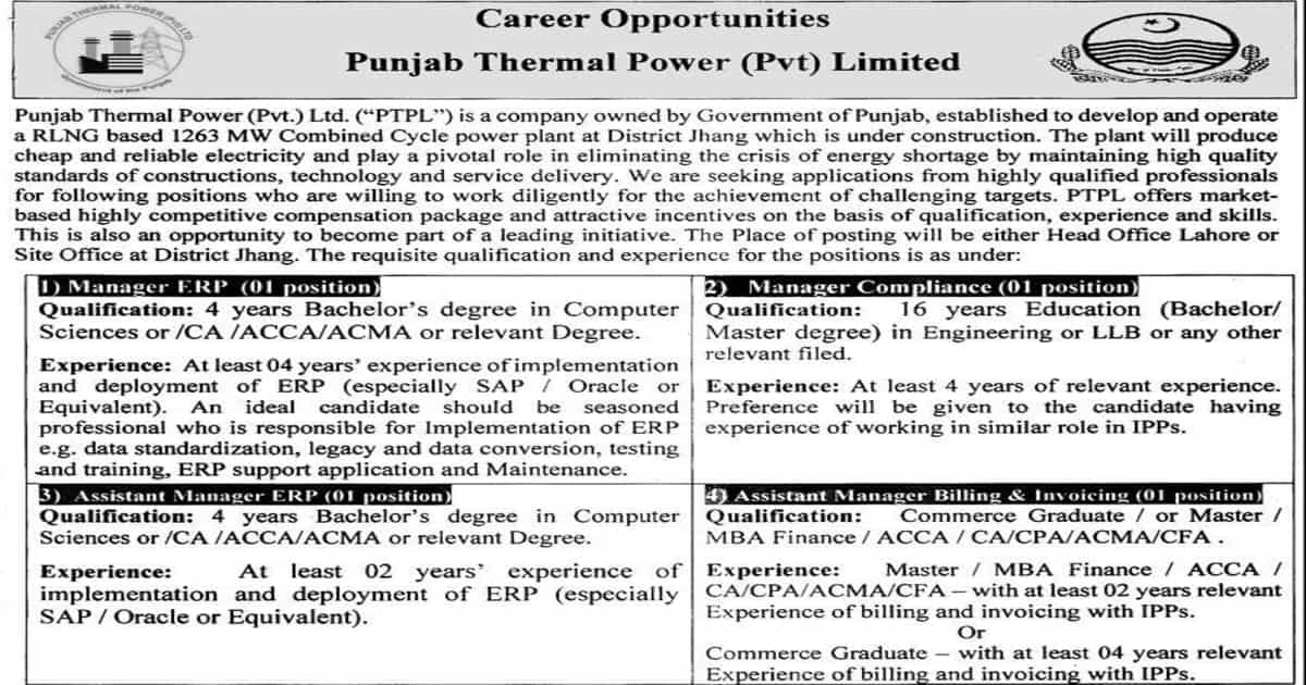 Featured Image Punjab Thermal Power Limited Ptpl Jobs 2021 Apply Online