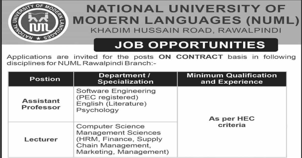 Featured Image National University Of Modern Languages Numl Faculty Jobs 2022 Latest