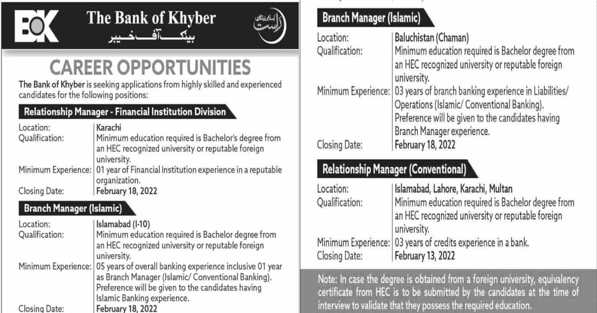 Featured Image Bank Of Khyber Bok Jobs 2022 Apply Online Latest Advertisement