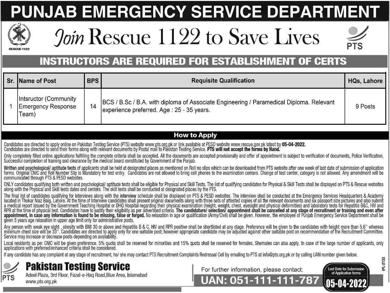 Rescue 1122 Govt Jobs 2022 Punjab Emergency Service Department Pts