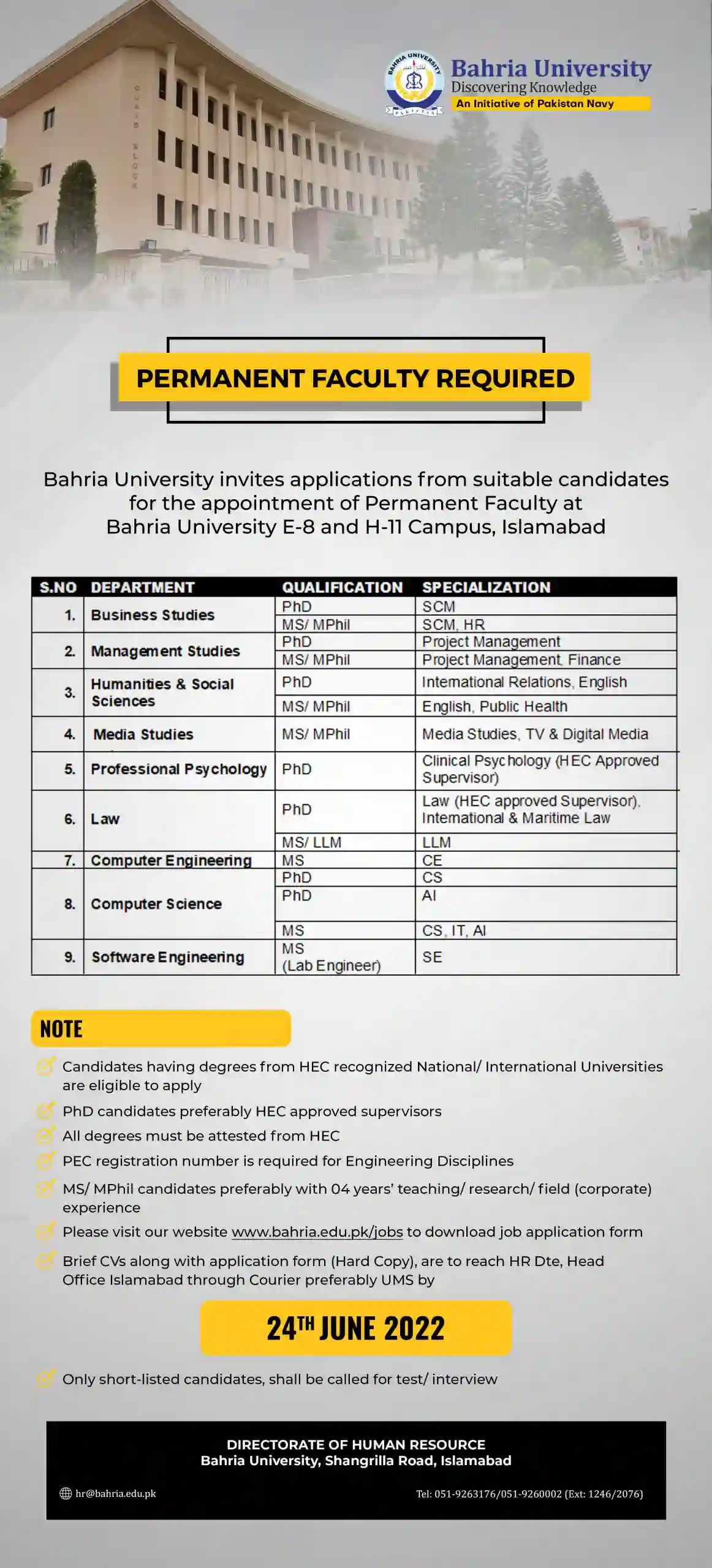 Bahria University Bu Faculty Jobs 2022 Www.bahria.edu.pk Advertisement Buic Campus