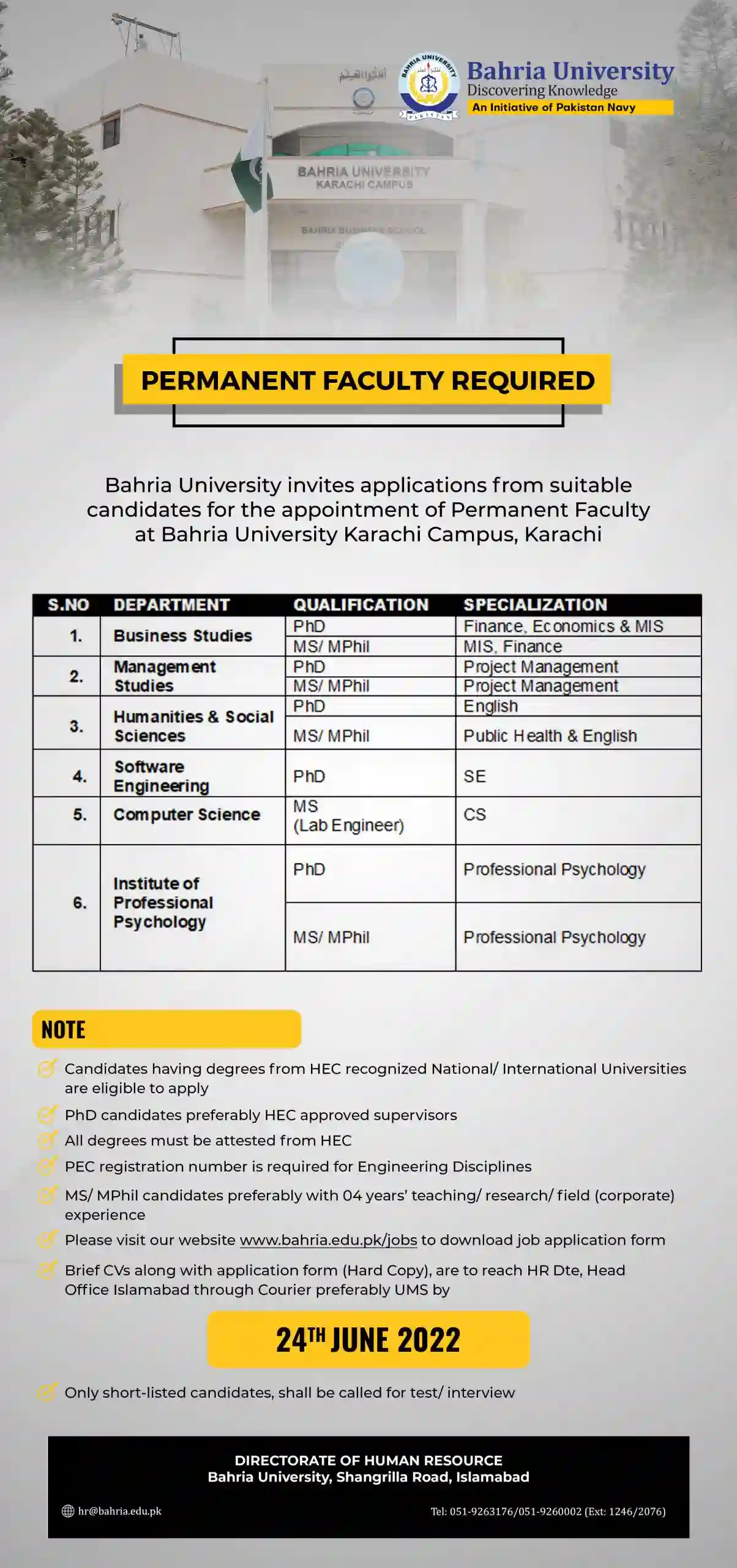 Bahria University Bu Faculty Jobs 2022 Www.bahria.edu.pk Advertisement Bukc Campus