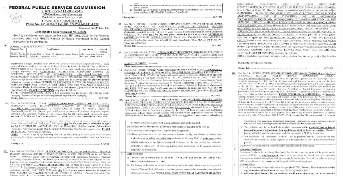 Featured Image Fpsc Jobs 2022 Consolidated Advertisement No 7/2022 Apply Online