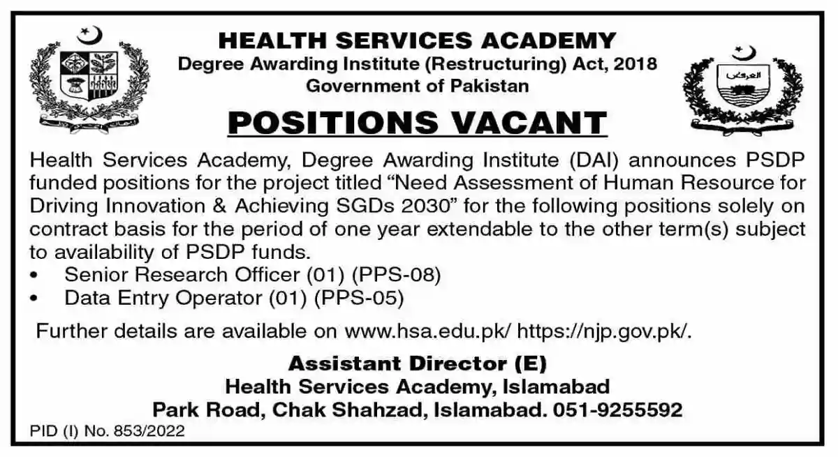 Health Services Academy Hsa Islamabad Jobs 2022 Govt Of Pakistan Apply Online
