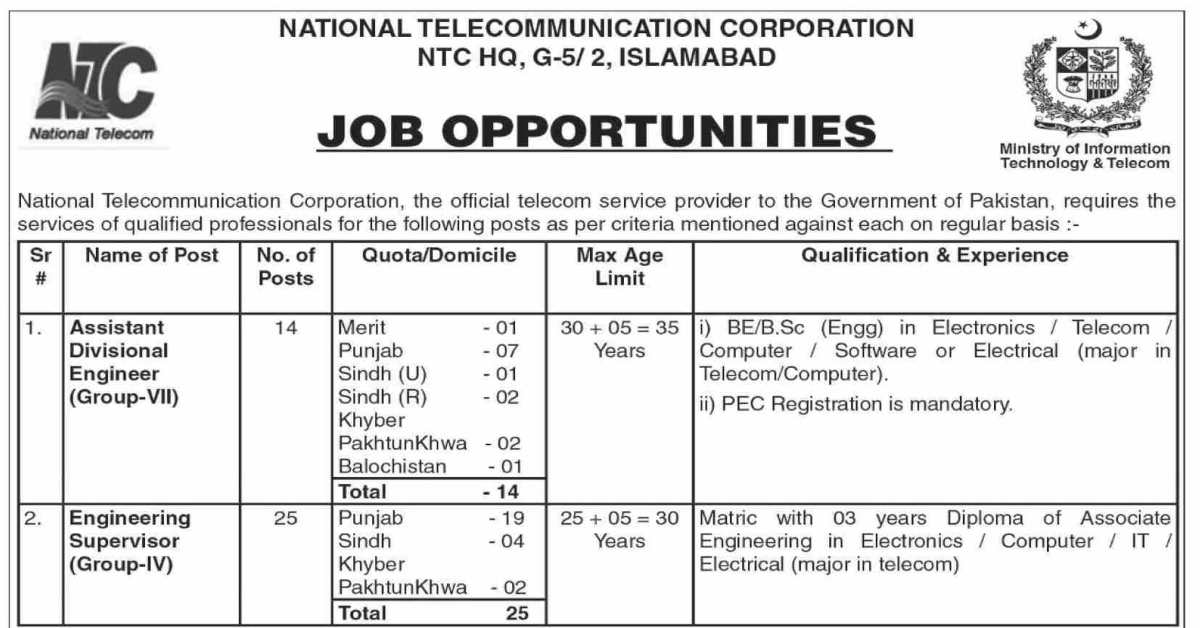 Featured Image National Telecommunication Corporation Ntc Jobs 2022 Hq Islamabad