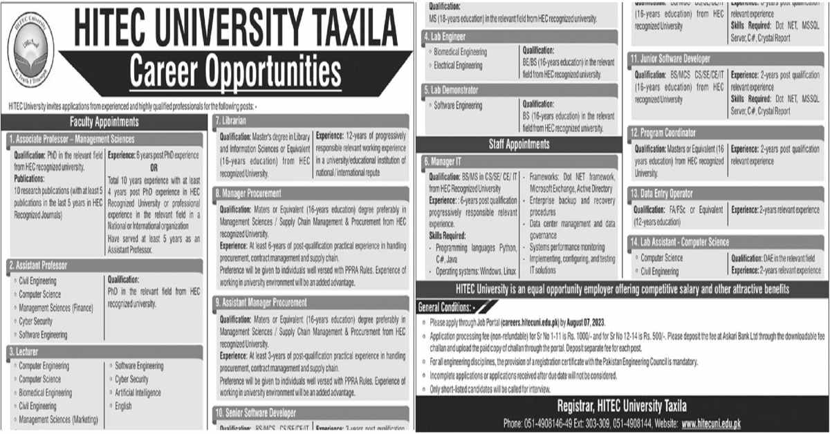 Featured Image Hitec University Taxila Cantt Jobs 2023 Faculty And Staff Vacancies Latest