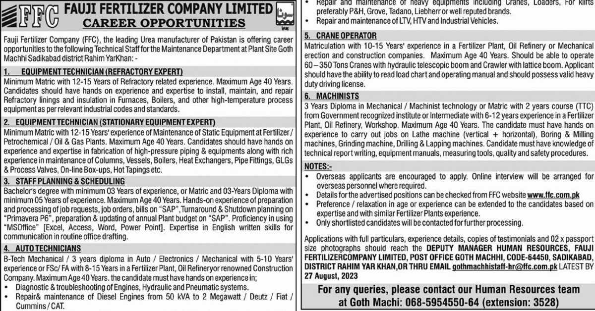 Featured Image Fauji Fertilizer Company Limited Ffc Jobs 2023 Advertisement Latest Apply Now