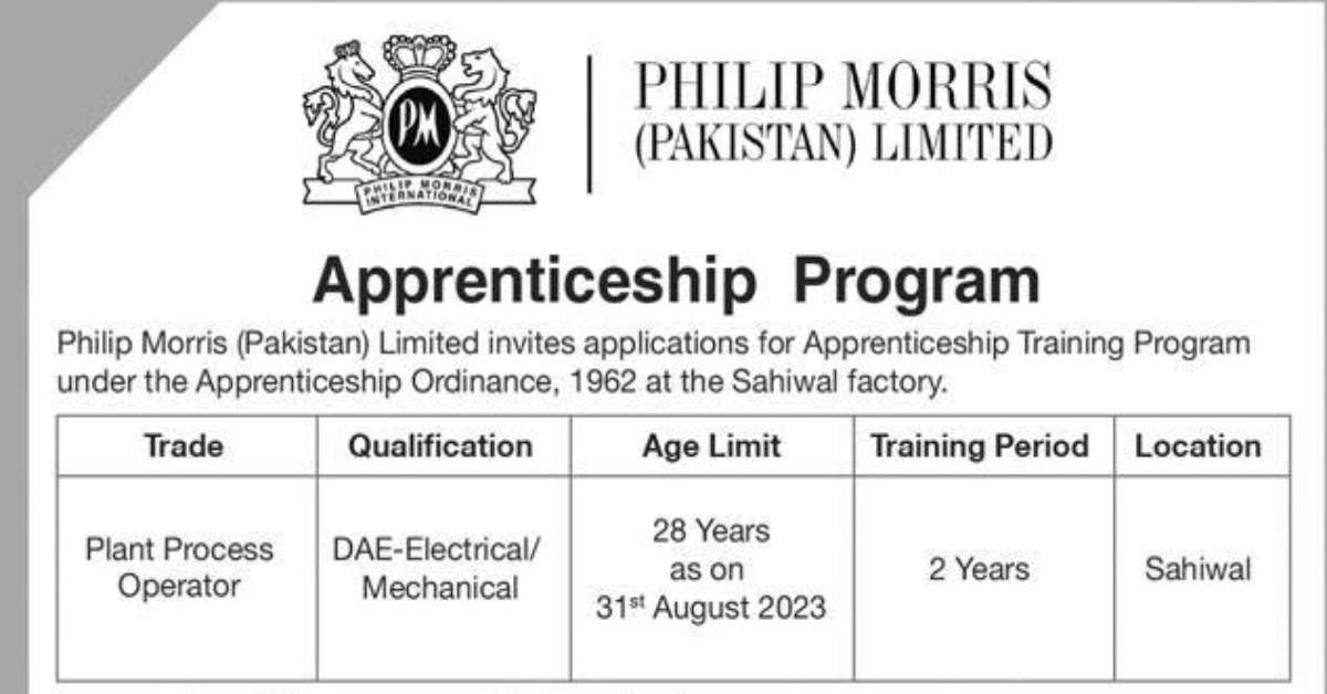 Featured Image Philip Morris Pakistan Apprenticeship Training Program 2023 Plant Process Operator