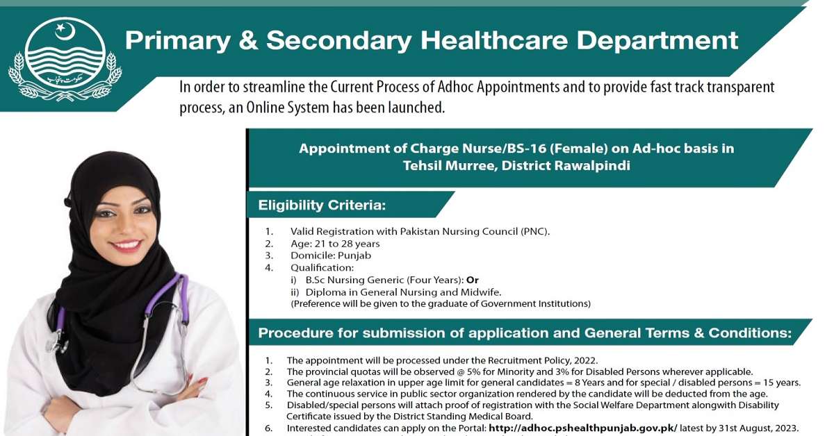 Featured Image Primary And Secondary Healthcare Department Punjab Jobs 2023 Charge Nurse