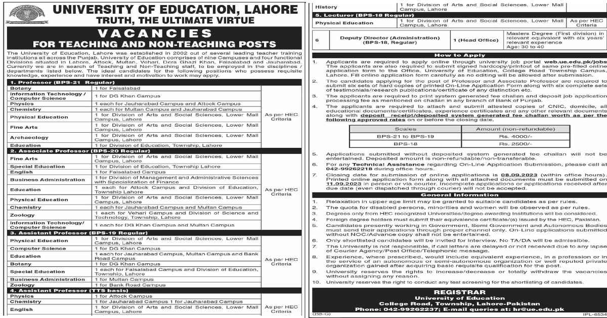 Featured Image University Of Education Ue Lahore Teaching Jobs 2023 Advertisement Apply Online