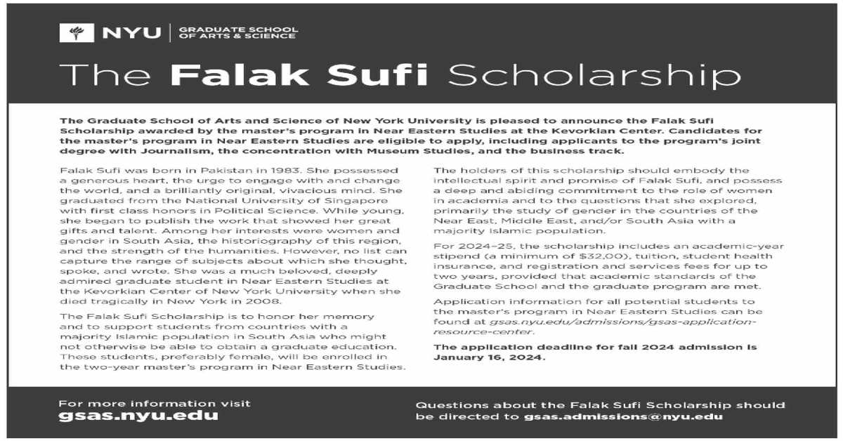 Featured Image Falak Sufi Scholarship 2024 New York University Nyu Fully Funded