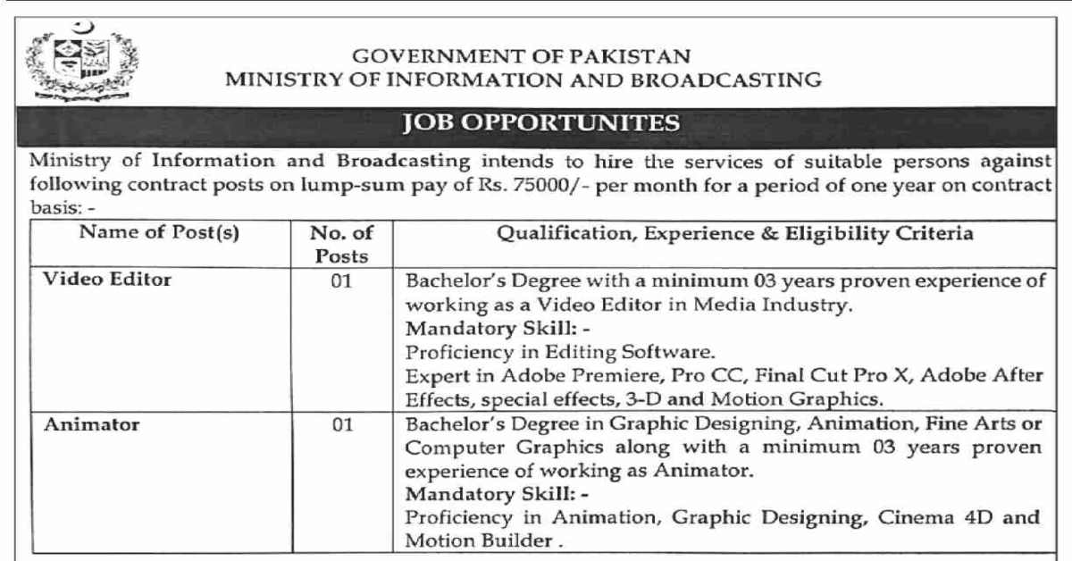 Featured Image Ministry Of Information And Broadcasting Moib Jobs 2023 Video Editor &Amp; Animator