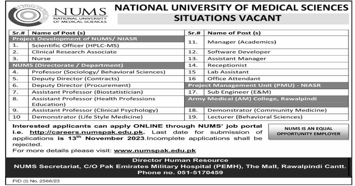Featured Image National University Of Medical Sciences Nums Jobs 2023 Rawalpindi