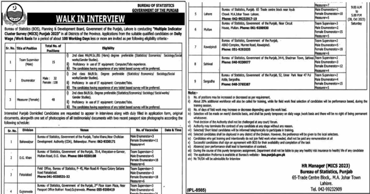 Featured Image Punjab Govt Bureau Of Statistics Bos Jobs 2023 Walk In Interviews