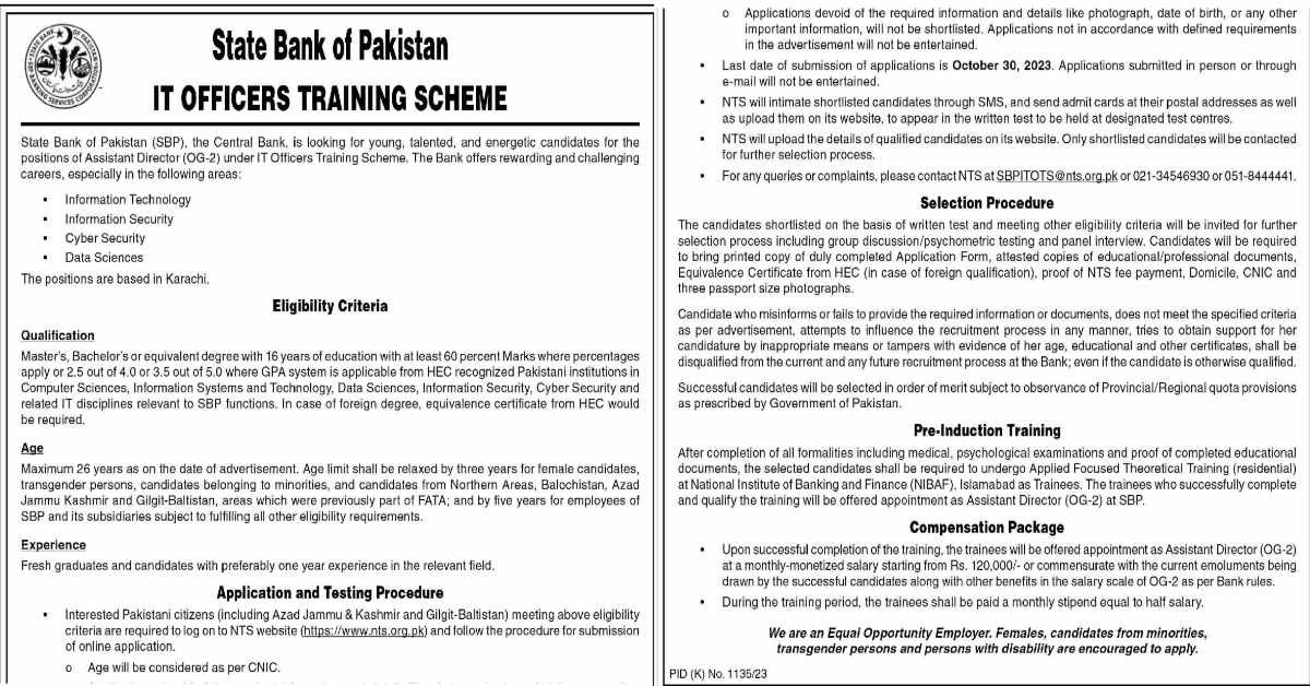 Featured Image State Bank Of Pakistan Sbp Jobs 2023 It Officers Training Scheme Nts