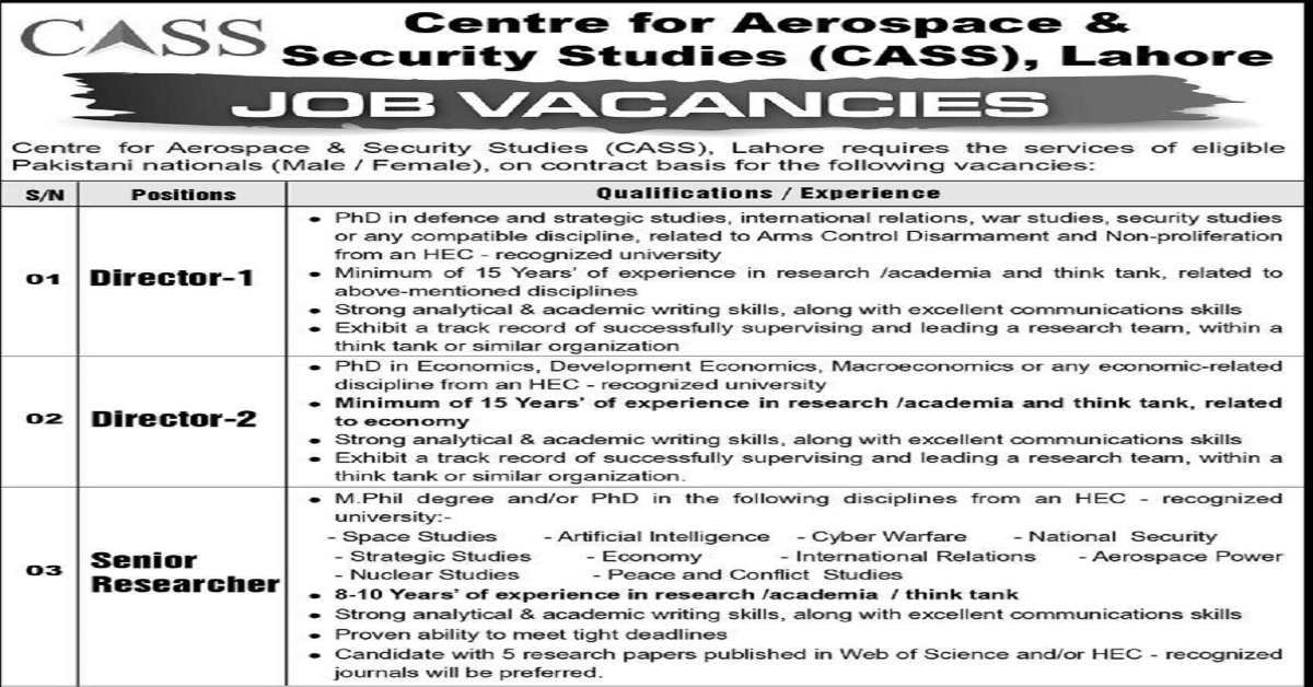 Centre For Aerospace And Security Studies Cass Lahore Jobs 2023 Apply Online